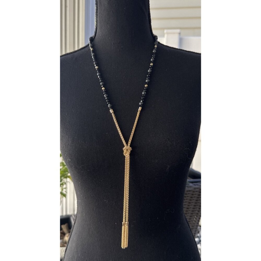 Laundry Shelli Segal Black Gold Beads Tassel 19" Long Statement Necklace NEW $55